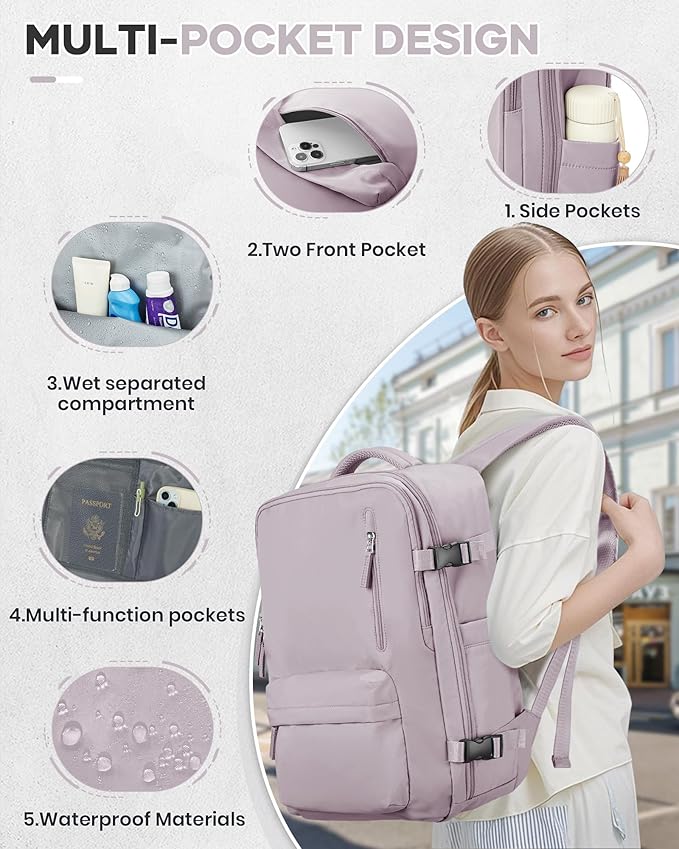 VECAVE Carry On Backpack for Women,Large Travel Backpack Flight Approved,Waterproof 14 Inch Laptop Backpack Business Work Backpacks Men Mochila De Viaje LotusPink