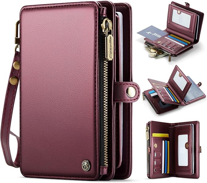 Passport Holder Wallet Bag with AirTag Holder, 11 Card Slots and Passport Solt Cash Solt Photo Solt Zipper Pocket, RFID Blocking Wristlet Strap.Wine