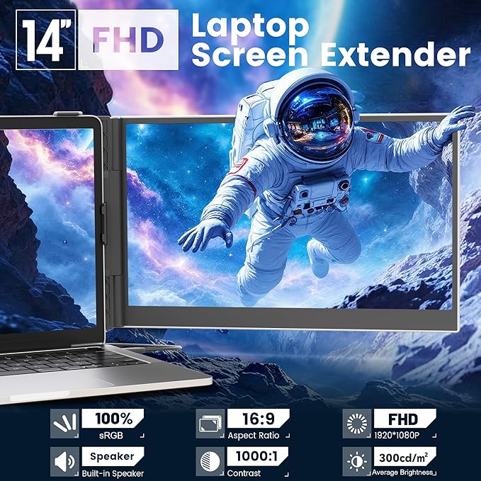 14" Laptop Screen Extender, Ultra-Thin Portable Dual Laptop Monitor Extender with FHD 1080P IPS Display, Plug & Play via HDMI/USB-A/Type-C for 13-17" Laptops, Works with Windows/Mac/Android