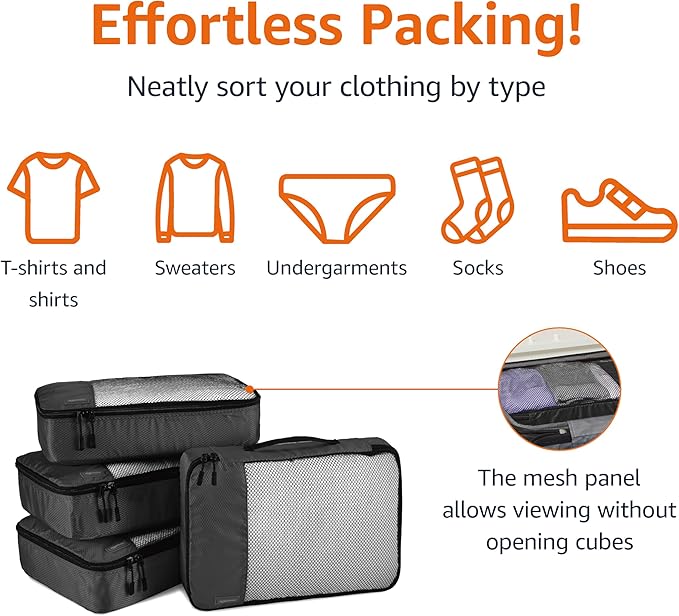Amazon Essentials 4-Piece Packing Cubes Travel Accessories Set, Luggage Organizer with Double Zipper, Mesh Top, 100% Polyester, Medium, Black (Previously Amazon Basics)