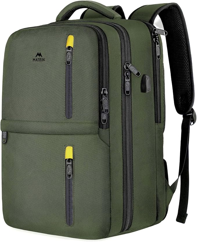 MATEIN Carry on Travel Laptop Backpack, Large Flight Approved Personal Item Travel Backpack with USB Charge Port & Shoe Compartment, Water Resistant Weekender Overnight Bag Fit 17 Inch Laptop, Green
