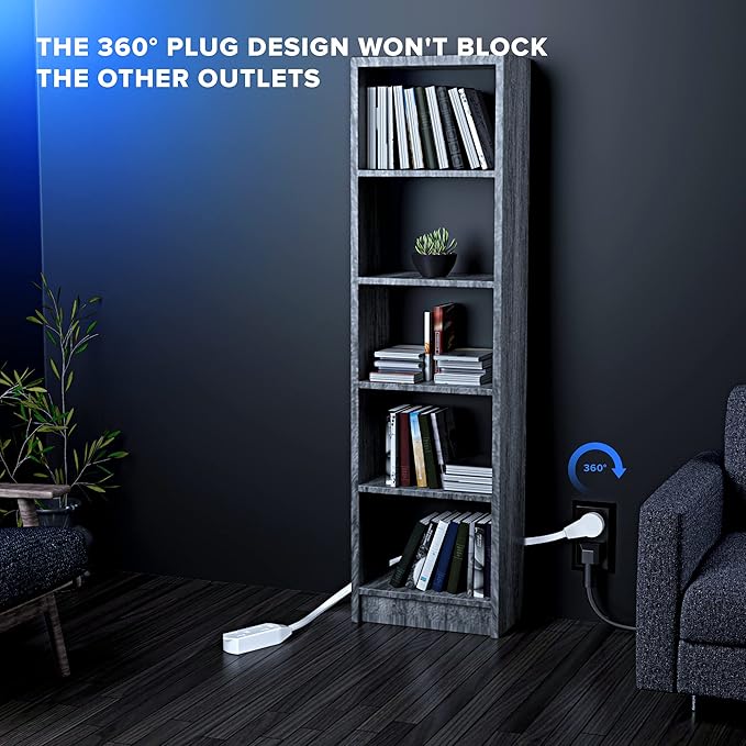 Maximm Cable 50 Ft 360° Rotating Flat Plug Extension Cord, 16/3 AWG Multi 3 Outlet 3-Prong Grounded Wire- White - UL Certified