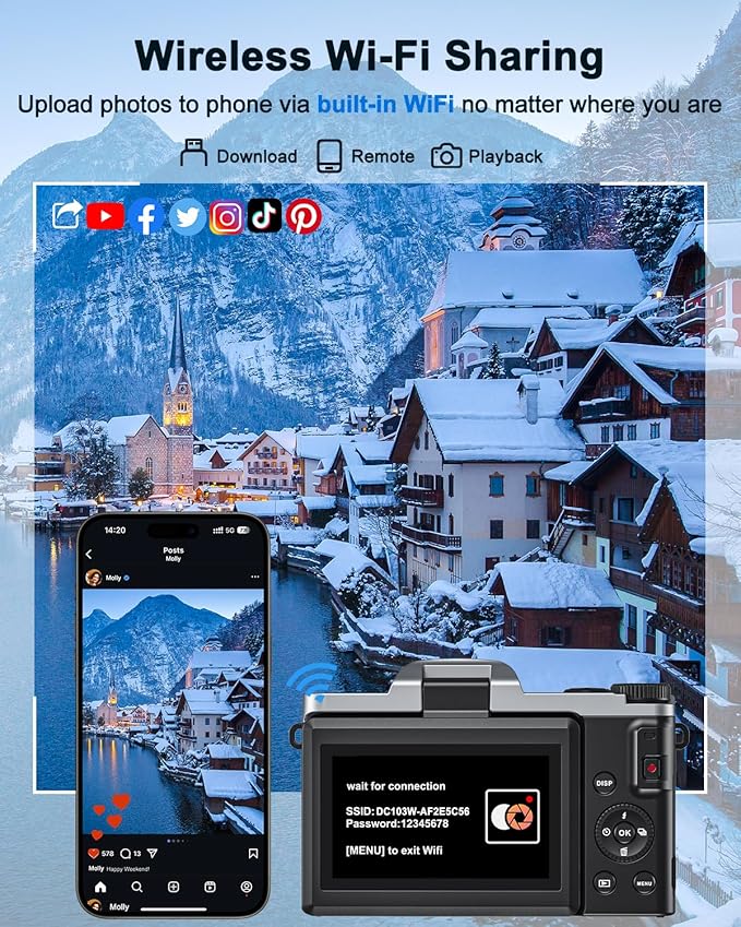 4K Digital Camera for Photography, WiFi 64MP Autofocus Vlogging Camera for YouTube, 3" 180° Flip Screen, 16X Zoom Antishake Compact Point and Shoot Travel Cameras with 32GB SD Card, 2 Batteries, Black