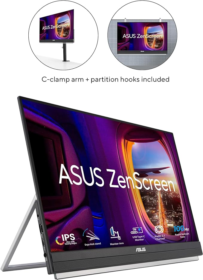 ASUS ZenScreen 22” (21.5 viewable) 1080P Portable Monitor (MB229CF) – Full HD, IPS, 100Hz, USB-C PD 60W, Speakers, Carrying Handle, Kickstand, C-clamp Arm, Partition Hook, Subwoofer, 3 yr Warranty