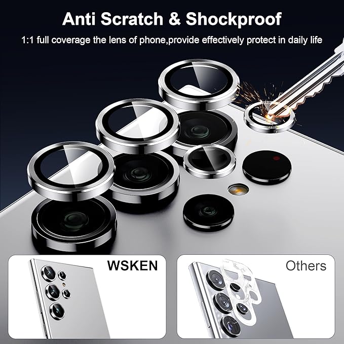 WSKEN for Samsung Galaxy S24 Ultra Camera Lens Protector, Ultra Thin Scratch Resistant 9H Tempered Glass with Aluminum Metal Circle Camera Screen Protector Cover Accessories, Silver