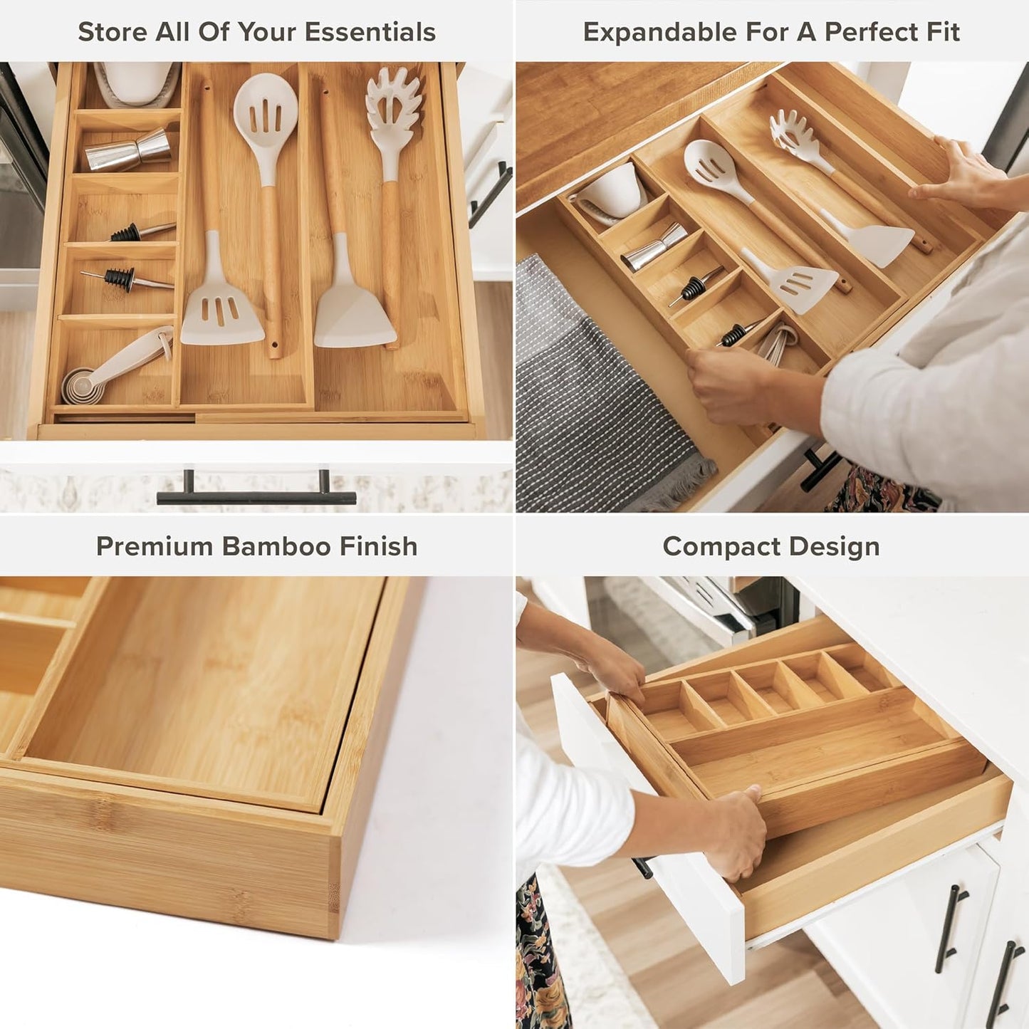 Adjustable Kitchen Drawer Organizer for Utensils and Junk, Food-Safe Contract Grade with 100% Sustainable Wood, Expandable from 10.5 to 19 Inches Wide - Natural Bamboo