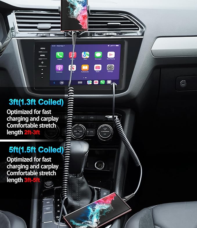 PRAKIE Coiled USB C Cable Fast Charging for Car 3FT/5FT, USB A to USB C Cable, Type C Charge Cord USB-C Charging Cable Compatible with iPhone 17/16/15/Samsung Galaxy S20 and More USB C Devices-Black