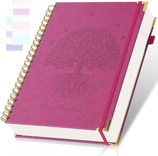 Spiral Notebook, College Ruled Notebook, A5, 300 Page Leather Journals for Writing, 5.7" x 8.5", Hardcover Journaling Notebooks for Work School, 24pcs Tabs, Large Embossed Journal for Women Men, Pink2