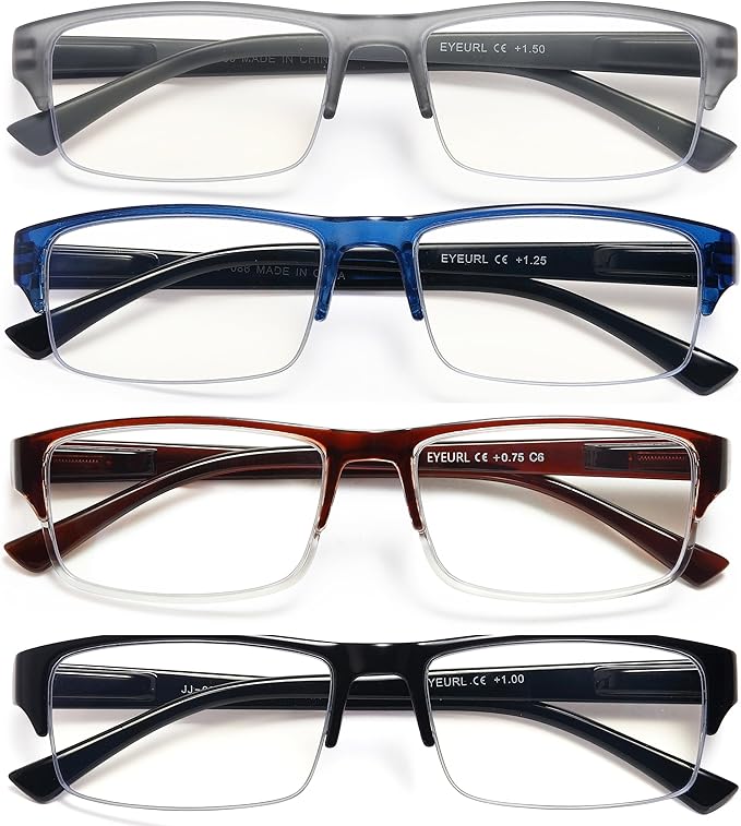 EYEURL 4-Pack Half Frame Blue Light Reading Glasses for Men Rectangle Semi Rimless Readers for Women Spring Hinge Eyeglasses