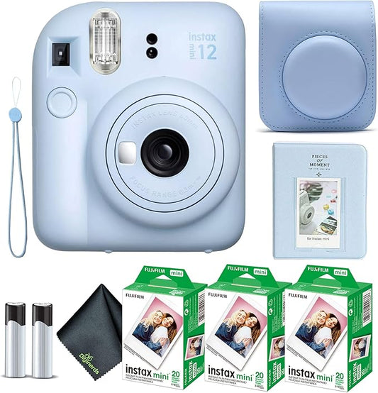 Fujifilm Instax Mini 12 Instant Camera Pastel Blue Bundle with Fuji Instax Mini Film Value Pack (60 Sheets) + Protective Carrying Case + Photo Album + Microfiber Cleaning Cloth