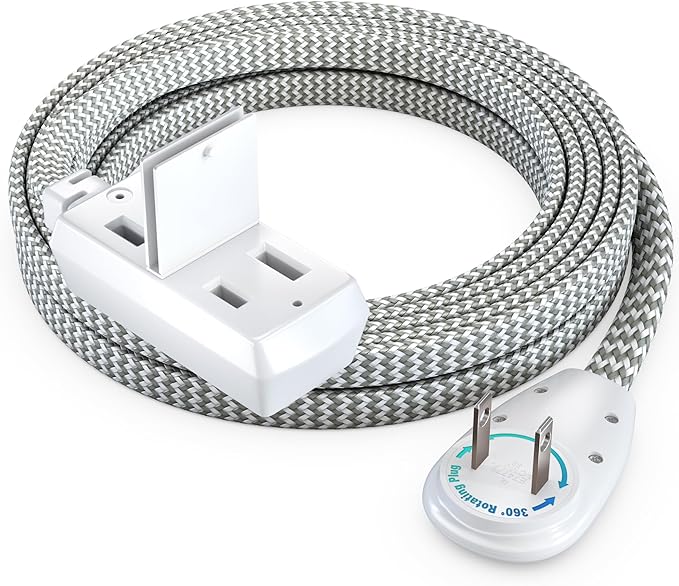 Maximm 10 Ft Extension Cord, 2 Prong, 360° Rotating Flat Plug, UL Certified, Light Gray – Space-Saving Indoor Power Cord for Tight Spaces, Polarized, Braided