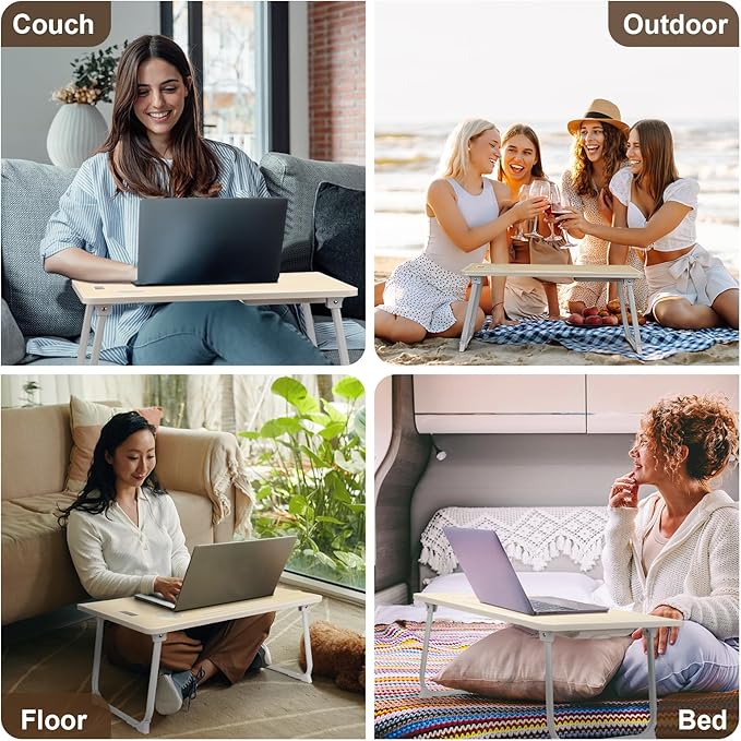 Amaredom Laptop Bed Desk Tray Bed Table, Foldable Portable Lap Desk Notebook Stand Reading Holder with Storage Drawer and Cup Holder for Eating Breakfast on Bed/Couch/Sofa-White Maple