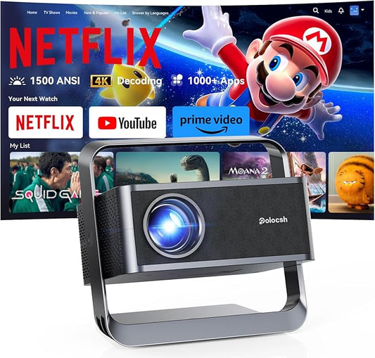 Smart Projector 1080P 4K Support with WIFI 6 and 2-Way Bluetooth 1500ANSI Auto Keystone Electric Focus Mini Projectors Home Theater Movie Outdoor Portable Projector (Black)