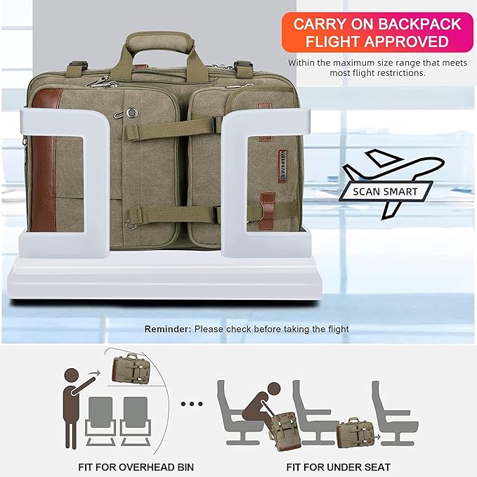 WITZMAN Canvas Travel Backpack for Men Large Laptop Backpack Fit 17 inch Carry-on Airline Approved Convertible Shoulder Rucksack(A6617-3 Army Green)