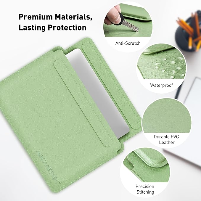AboveTEK Laptop Sleeve Case for 13-14 inch MacBook Air/Pro, Slim Laptop Case with Stand, Ergonomic Wrist Rest & Mouse Pad, Waterproof Anti-Scratch Leather Bag for 13-14 Surface HP (Sage Green)