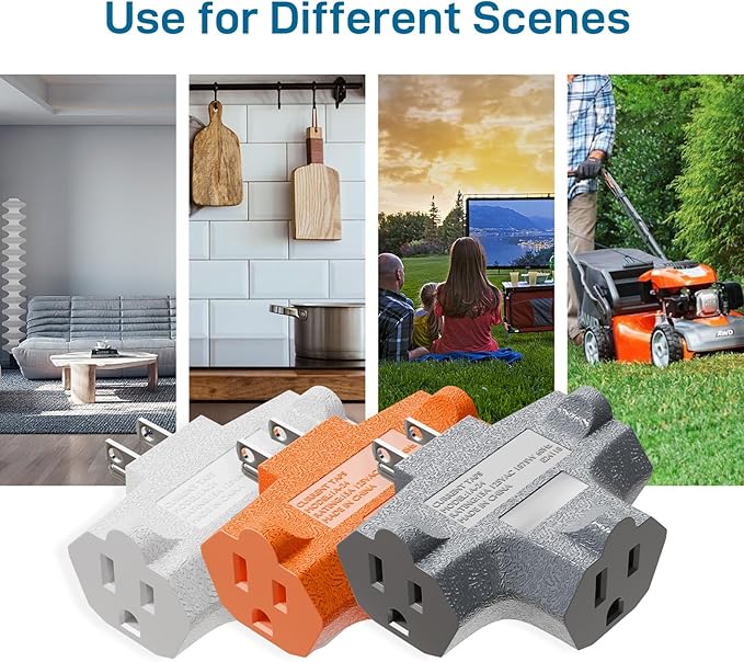 K KASONIC - 3-Outlet Grounding Adapter, [UL Listed] Plug Extender, Heavy-Duty Grounded Power Tap - 3 Pack (Multi-Color)