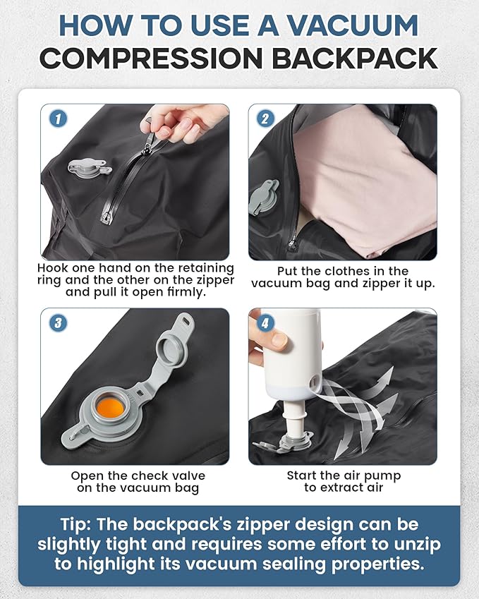 Vacuum Travel Backpack with Pump for Women,Personal Item Carry on Backpacks Flight Approved 18x14x8 inches for Men,Laptop Waterproof Work Compression bags Casual Daypack. Blue