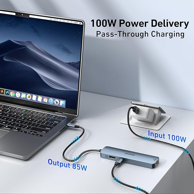 BENFEI USB C HUB 6-in-1 with HDMI(4K@60Hz), Gigabit Ethernet, 100W Power Delivery, 3*USB 3.0, Silicone Cable, Aluminum Case Compatible with iPhone 15 Pro/Max, MacBook, iPad Pro, iMac, S23, XPS17