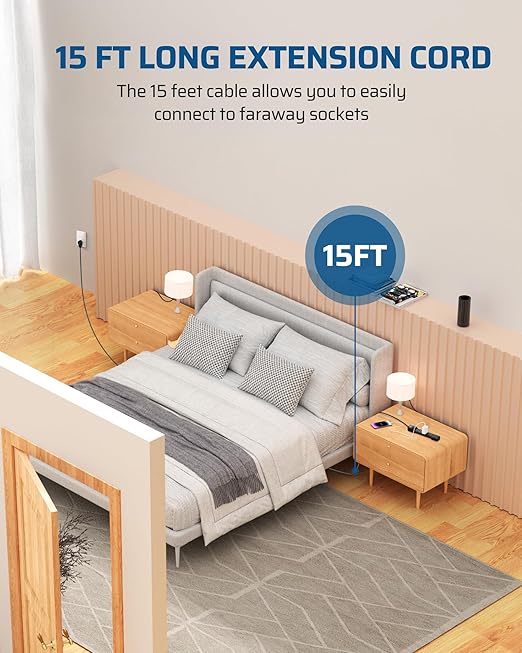 DEWENWILS 2-Pack Power Strip Surge Protector,15 Ft Extra Long Extension Cord, Low Profile Flat Plug,15 Amp Circuit Breaker, 500 Joules, Wall Mount, Black, UL Listed