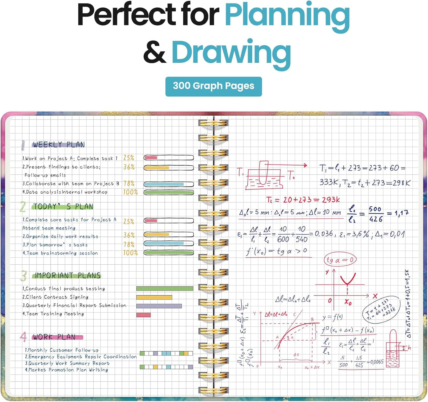 Spiral Graph Paper Notebook Journal for Work, 300 Pages, Thick B5 (7.1"x10") Grid Journals for Women & Writing, Hardcover Notebook for Note Taking, Perfect for Work School Note Taking Business, Color Splash
