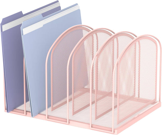 SUPEASY File Organizer - 5-Section Mesh Desktop File Sorter, Upright File Folder Holder for Office Supplies, Pink