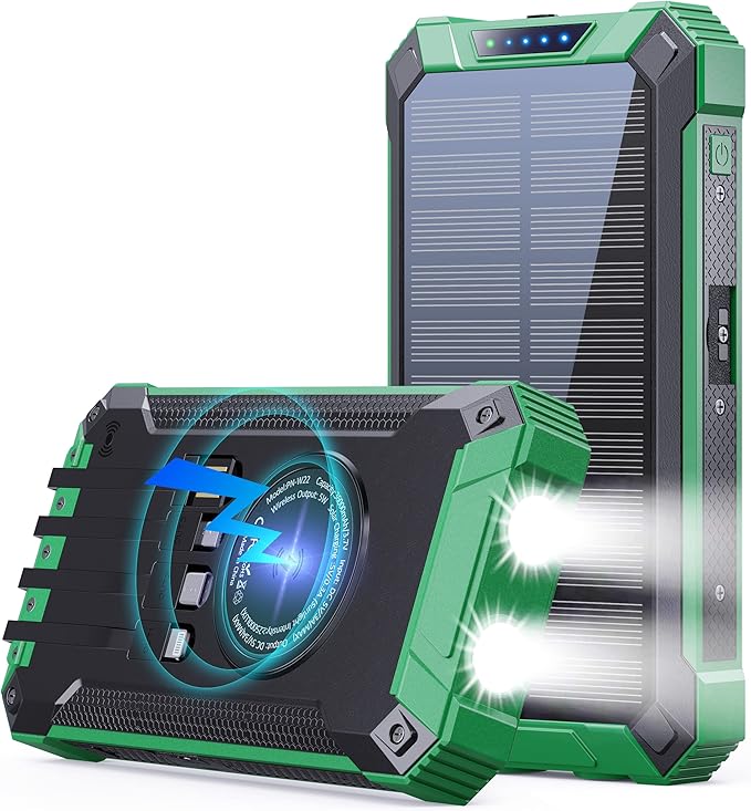 GOODaaa Power Bank Wireless Charger 36000mAh Built in 4 Cables Six Outputs 15W Fast Charging Power Bank for All Mobile Devices Three Inputs Solar Portable Charger with Dual Flashlights, Carabiner