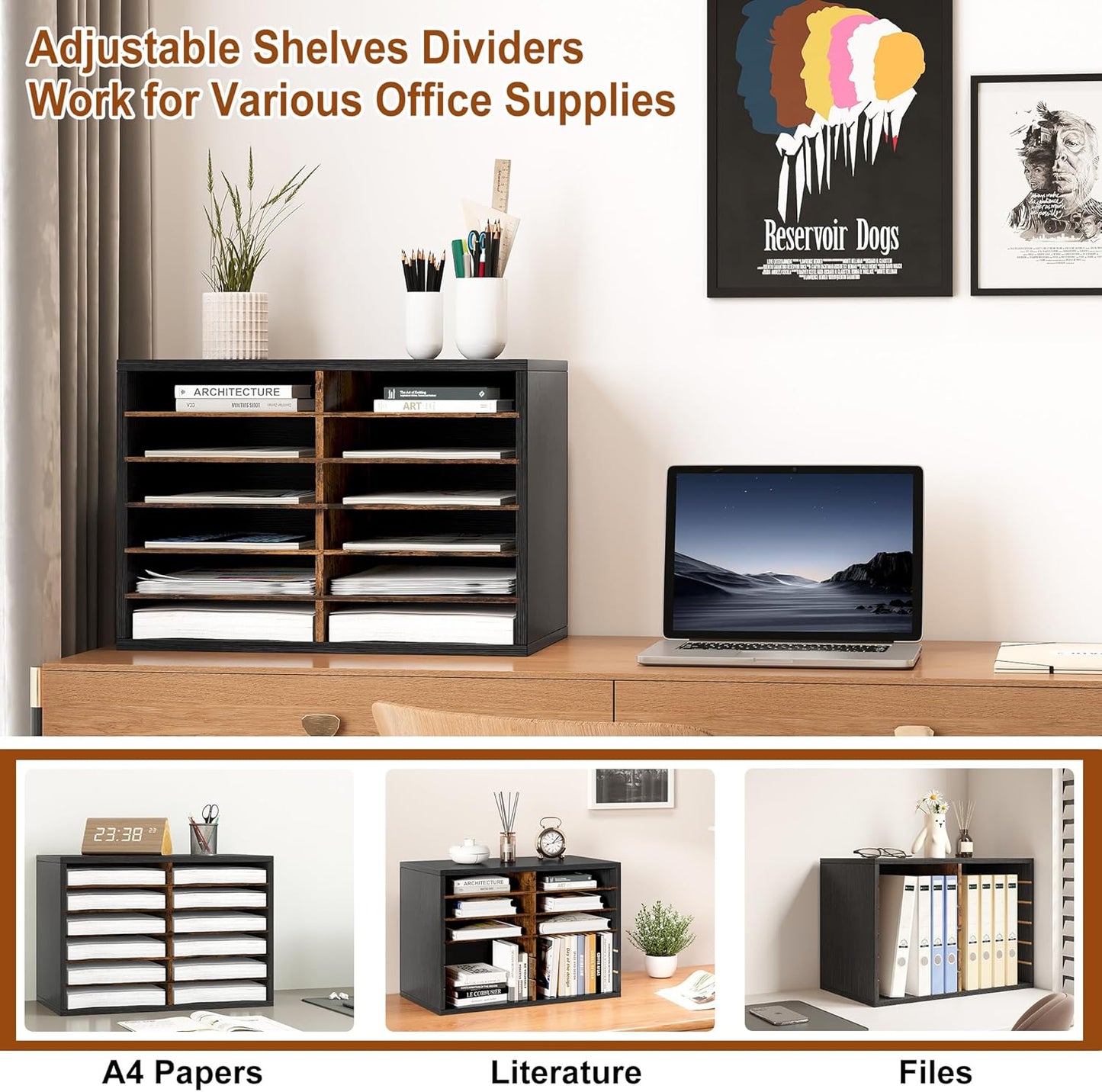 Mail Organizer Countertop, 12 Slots Wooden Desk File Literature Sorter, Adjustable Paper Storage Shelves Document Holder, Space Saving Desktop Mailbox for Office Classroom, Black/Rustic Brown