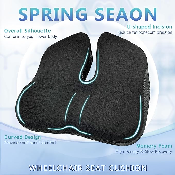 SPRING SEAON Wheelchair Seat Cushion Cool Fabric,Ergonomic Memory Foam Chair Pad for Pressure Relief, Sciatica, and Tailbone Pain,Rubber Non-Slip Bottom & Removable for Easy Cleaning