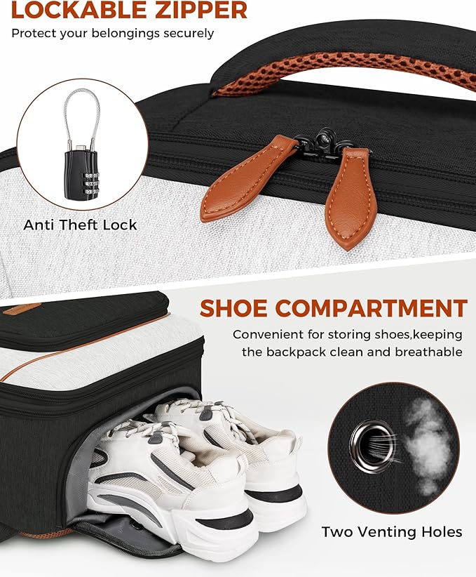 Vancropak Flight Approved 40L Expandable Carry On Travel Backpack, Lightweight Weekend & Short Trip Travel Bag with 3 Packing Cubes, Water-Resistant Anti-Theft Luggage for Men Women, Black White Brown