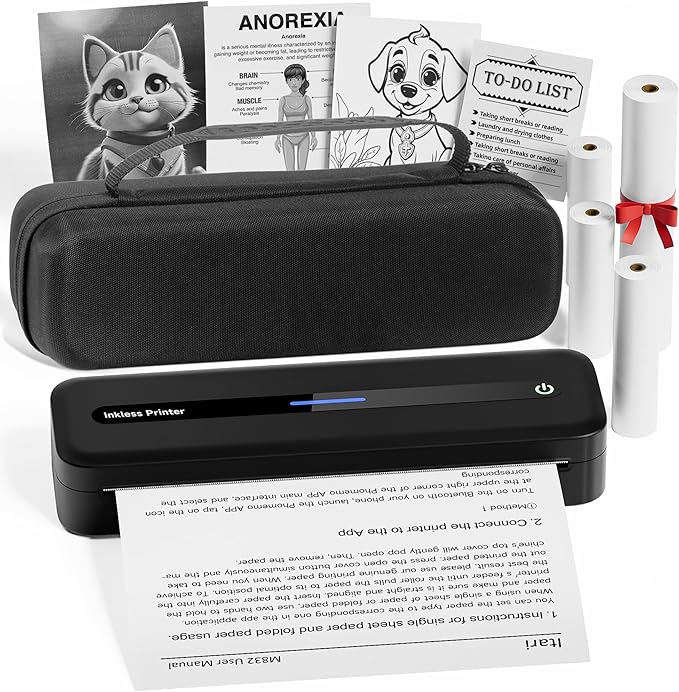 Itari Portable Printer for Travel with Case and 4 Rolls Paper, Inkless Thermal Printer, Support 8.5" x 11" A4 & US Letter, Wireless Compatible with iPhone, Android, Laptop, Black