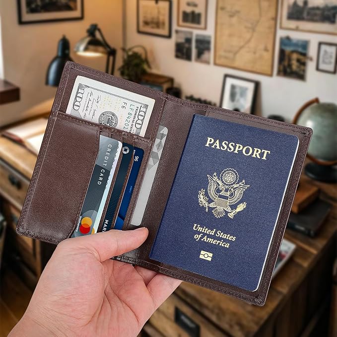 Polare Slim RFID Blocking Leather Passport Holder Travel Bifold Wallet For Men (Coffee)