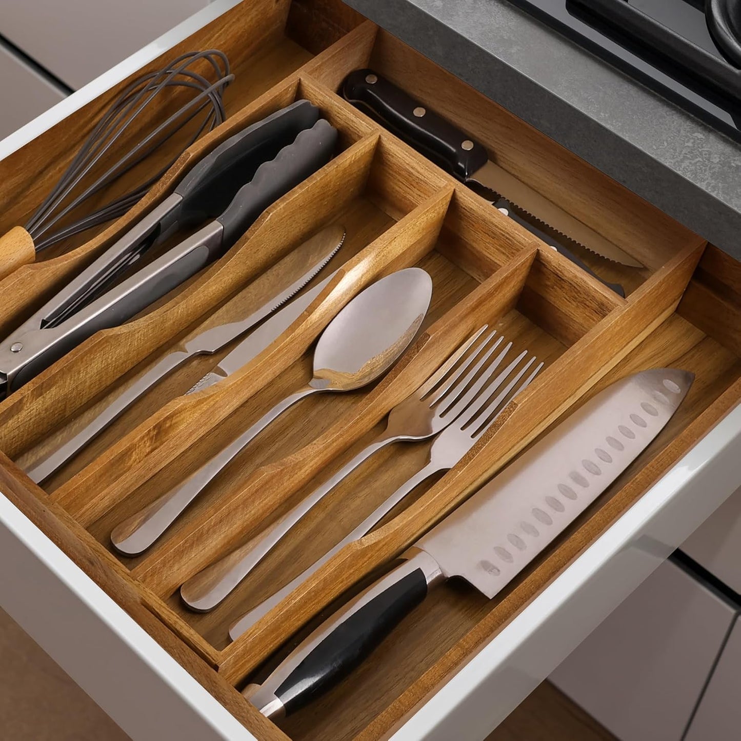 Expandable Acacia Kitchen Drawer Organizer for Cutlery and Utensils, Adjustable Acacia Wood Cutlery Tray in Drawer for Flatware and Silverware in Kitchen