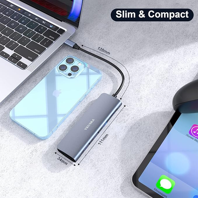 USB C Hub Multiport Adapter, VKUSRA 5 in 1 Dongle USB C to 4K HDMI, 3 USB 3.0 Port, 100W PD, USBC Adapter for MacBook, XPS, Laptop, PC, and More Type C Devices