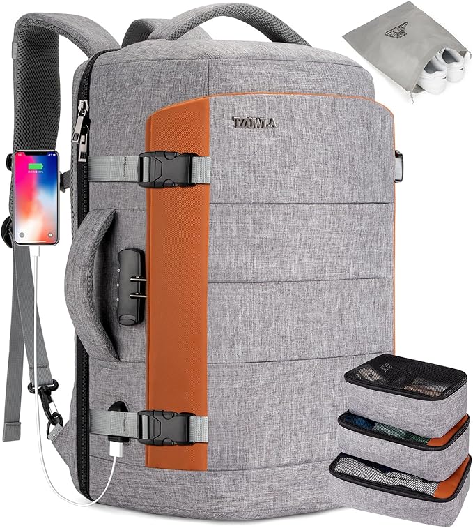 Tzowla 40L Travel Laptop Backpack for Men Women Carry on Flight Approved,Large Capacity Water Resistant Anti Theft Backpacks with USB Port,Business Causal Daypack Bag Fit 17.3"Computer/Notebook(Grey)
