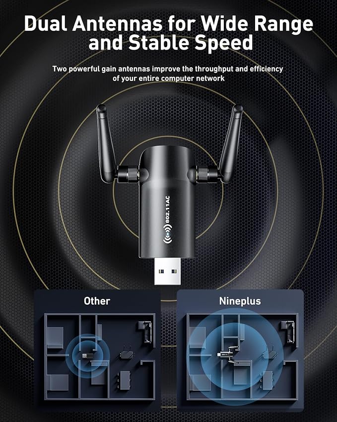 Wireless USB WiFi Adapter for PC - Nineplus 1300Mbps Dual 5Dbi Antennas 5G/2.4G WiFi Adapter for Desktop PC Laptop Windows11/10/8/7/Vista/XP, Wireless Adapters for Desktop Computer Network Adapters