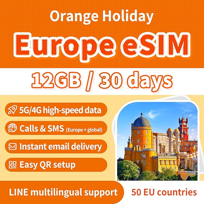 Orange Holiday Europe eSIM - 30 Days 12GB High-Speed Data, Unlimited Calls & SMS in 38 European Countries, Bonus 30 Min Global Calls + 200 SMS, 5G/4G Hotspot, Instant Email Delivery(30 Days 12GB)