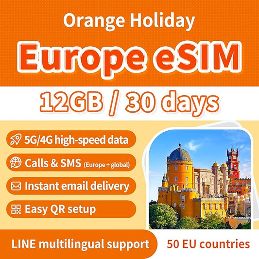 Orange Holiday Europe eSIM - 30 Days 12GB High-Speed Data, Unlimited Calls & SMS in 38 European Countries, Bonus 30 Min Global Calls + 200 SMS, 5G/4G Hotspot, Instant Email Delivery(30 Days 12GB)
