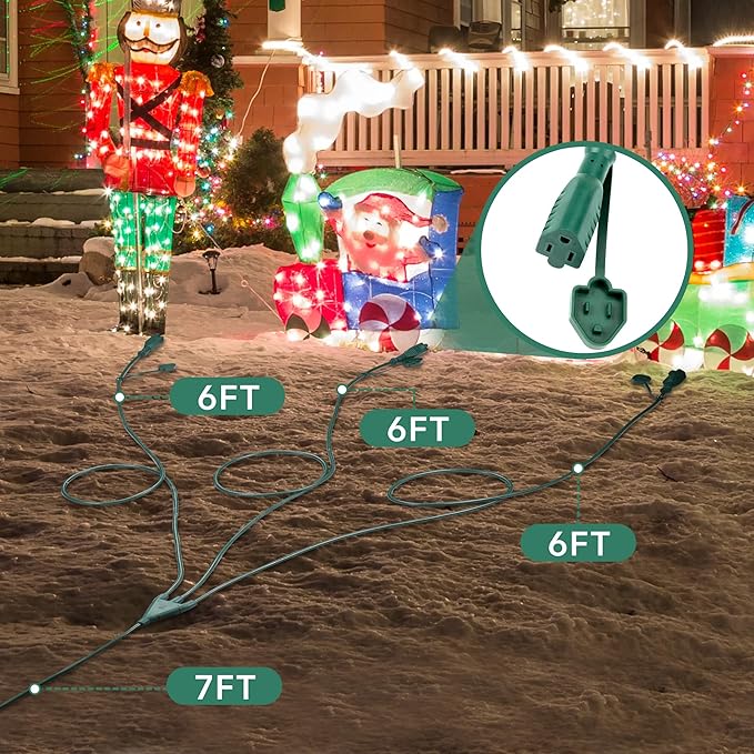 BN-LINK Outdoor Extension Cord 1 to 3 Splitter, Max 13 ft Extension(25 ft Total), Multi Outlet Power Cord, 16/3 SJTW Weatherproof for Lighting, Landscaping & Holiday Decorations, Grounded, ETL Listed