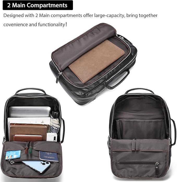 LANNSYNE Vegetable Tanned Leather Backpack for men, Expandable Leather Backpack Fits 15.6 Laptop, Tote Shoulder Travel Bag Rucksack