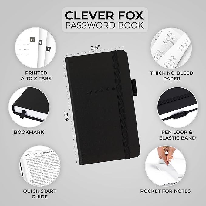 Clever Fox Password Book – Alphabetized Internet Address & Password Organizer - Computer & Website Password Keeper Notebook – Log-In Password Journal – Pocket, 6.2x3.5″, Hardcover (Black)