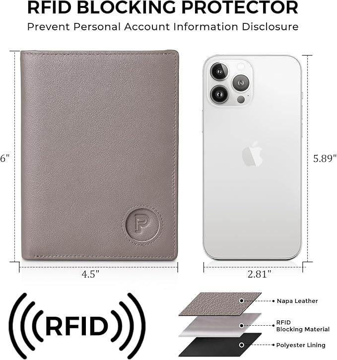 Polare Luxury RFID Blocking Leather Passport Holder Travel Wallet For Men and Women (Grey with AirTag Slot)