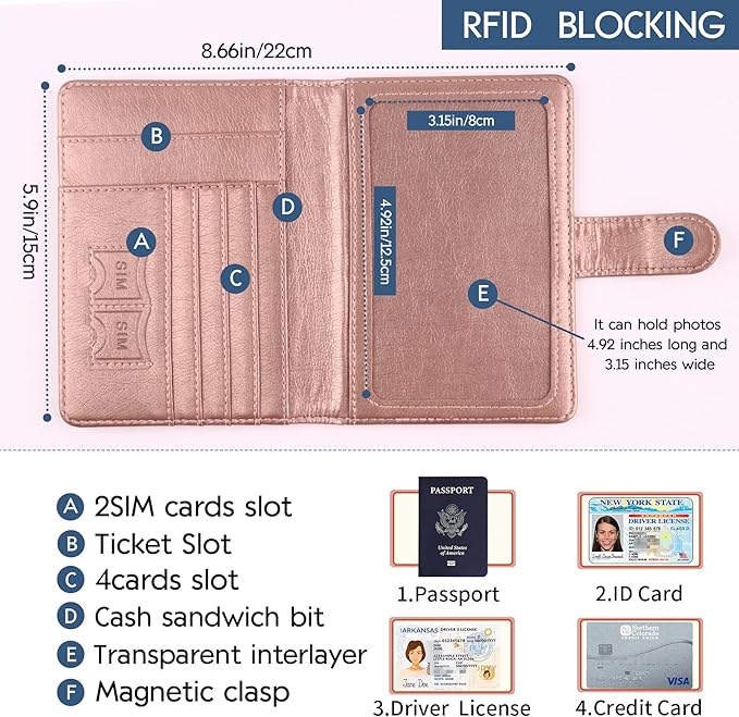 Passport Holder and Card Slot Combo RFID Blocking Leather Family Travel Passport Wallet Travel Accessories for Men Women US Passport Cover Protector (Travel blue)