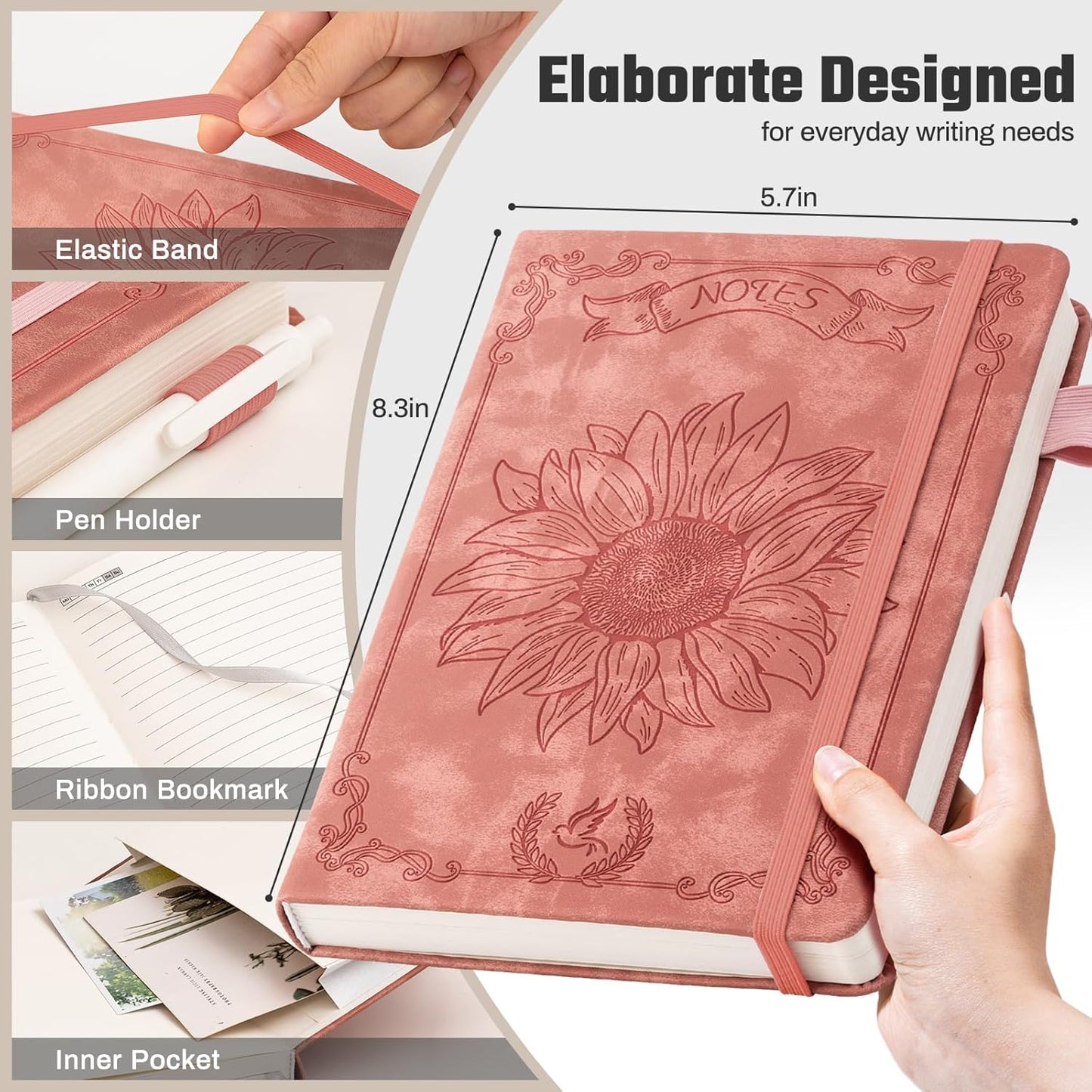 Sunflower Journal for Girls Women Journals for Writing 100GSM College Ruled A5 Leather Notebook for Girls Ages 8-12 Flower Diary with Heart-shaped Shadow, 5.7" x 8.3", Pink