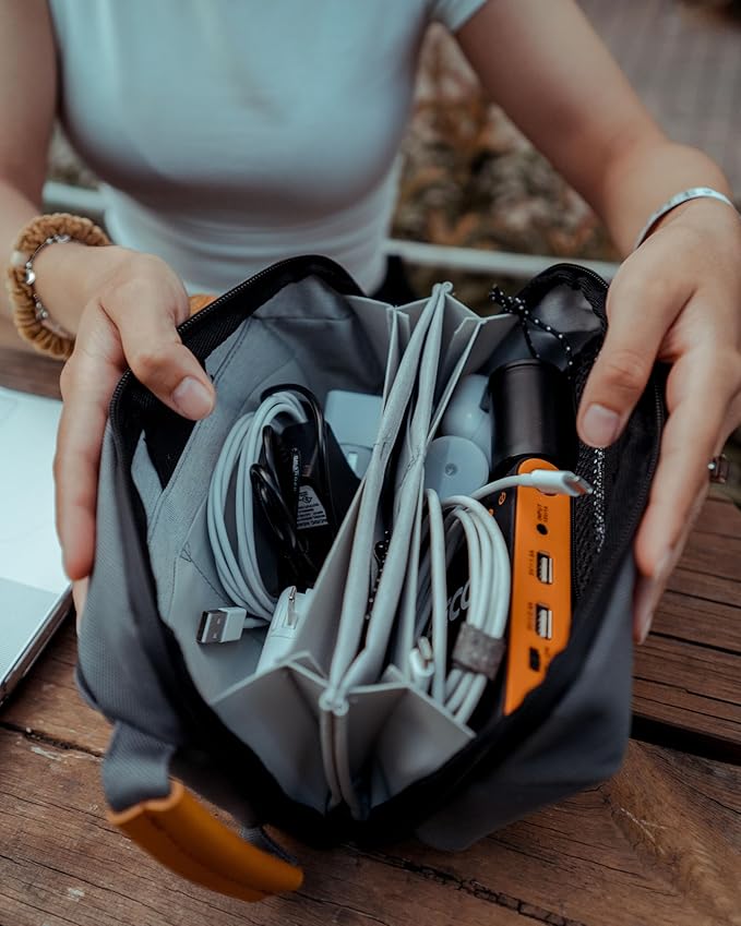 Tech Bag Organizer - Small Electronics Organizer Pouch for Travel - Premium Travel Case with Leather Accents - Mesh Pocket for Cables, Cords and Chargers (Green)