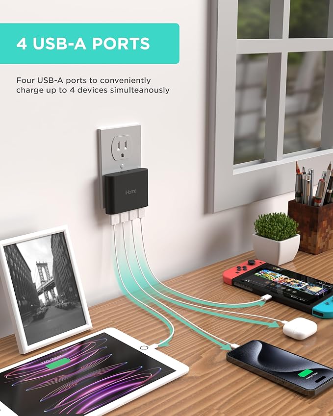 iHome Slim 4-Port USB Wall Charger, AC Pro Multiport Plug Adapter, Phone Charging Block with 4 Ports, Flat USB Wall Adapter for Home & Travel