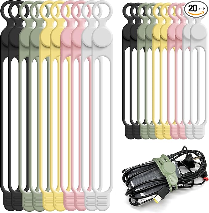 Nearockle Silicone Cable Ties Cord Organizer for Cable Management, 20PCS 4.2" and 7.1" Reusable Cable Organizer Electronic Accessories for Home, Office, Kitchen, School, Travel (5 Colors)