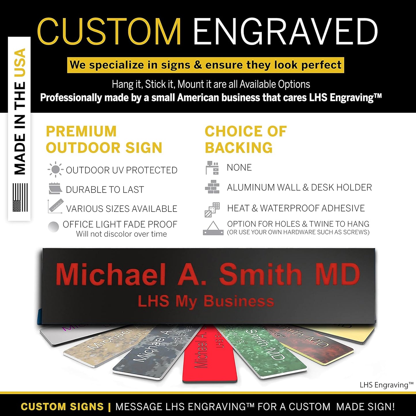 Engraved Name Plates for Door Sign Personalized Black Plastic Plaque with Red Letters - Made in USA 2x12 B19