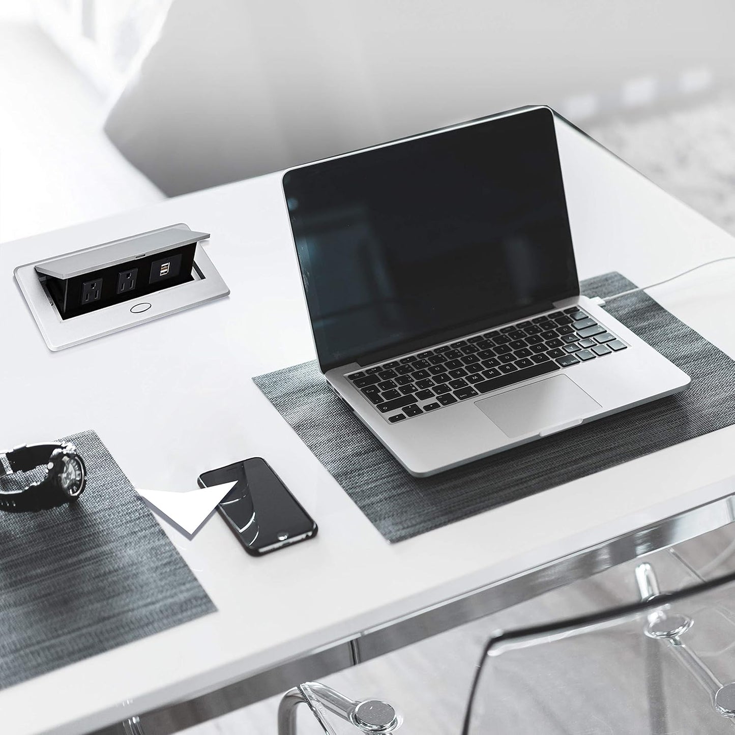 UL Approval Power Strip, Hidden Pop Up Outlet Table Connection Box, Desktop Socket with 2 Outlets & 2 USB Charging Ports for Conference Room Countertop (Silver)