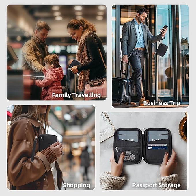 WALNEW Passport Holder Family for 4, RFID Blocking Travel Wallet Women Men, Lightweight Zipper Document Organizer Pouch Bag Credit Cards Case Cover for Travelling, Black