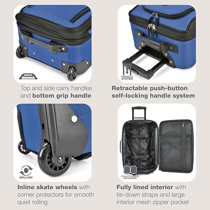 U.S. Traveler Rio Softside Expandable Carry-on Rolling Luggage, Royal Blue, 2 Wheel Set